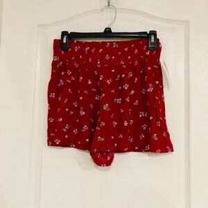Pink Rose Womens Shorts Size Medium Red Floral Elastic Waist Pull On Lightweight